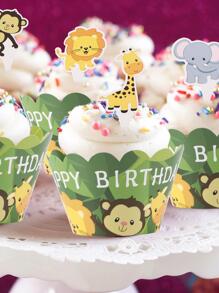 24入組卡通動物圖案蛋糕裝飾和12入組紙杯蛋糕包裝紙 - 彩色 - 查看 2