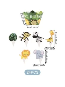 24入組卡通動物圖案蛋糕裝飾和12入組紙杯蛋糕包裝紙 - 彩色 - 查看 3