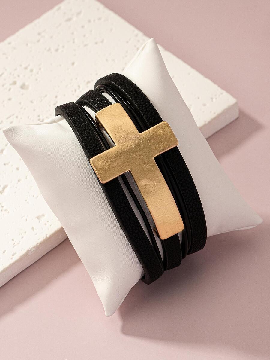 1 pieza Pulsera a capas moda decoración cruzada hebilla magnética para mujeres para decoración diaria - Negro - Ver 1