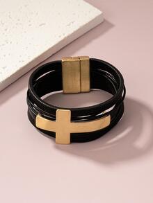 1 pieza Pulsera a capas moda decoración cruzada hebilla magnética para mujeres para decoración diaria - Negro - Ver 2
