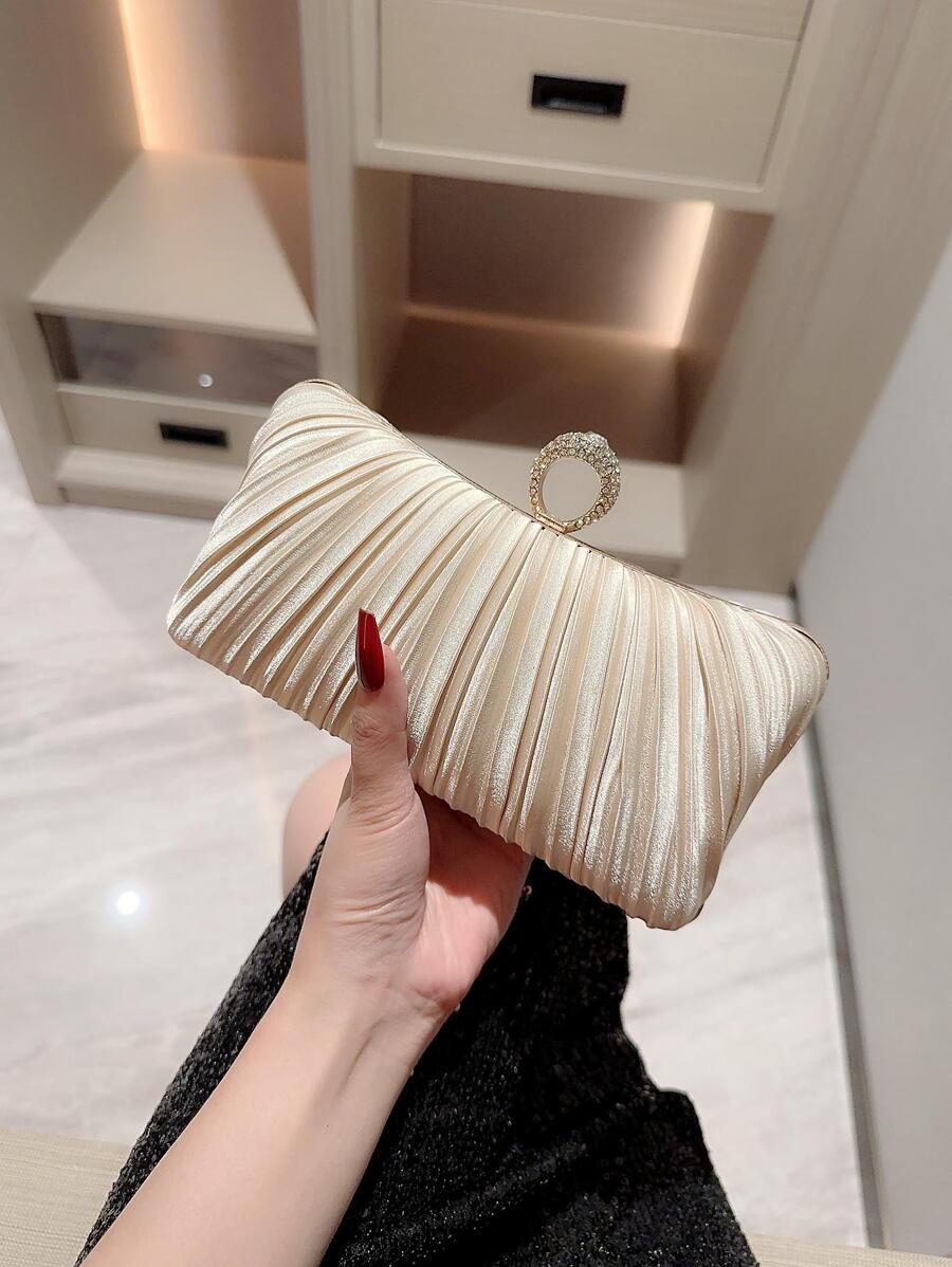 Moonlit EveBag An Exquisite And Elegant Satin Pleated Design Box Clutch Bag, Ideal For Romantic Weddings, Parties, Bride To Be, Glittering Ring Dinner Parties, Cocktail Parties, And Evenings, With Chain Strap. - Apricot - View 1