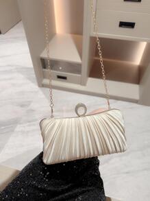 Moonlit EveBag An Exquisite And Elegant Satin Pleated Design Box Clutch Bag, Ideal For Romantic Weddings, Parties, Bride To Be, Glittering Ring Dinner Parties, Cocktail Parties, And Evenings, With Chain Strap. - Apricot - View 5