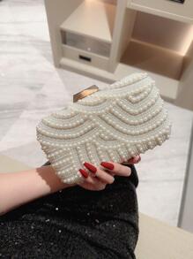 Moonlit EveBag 闪闪发光、亮片、奢华、闪亮迷你人造珍珠和水钻装饰盒包迷人的晚宴包、晚宴包，适合派对女孩、女士、新娘，非常适合派对、婚礼、舞会、晚宴/宴会、优雅珍珠手拿包、舞会包 - 米色 - 查看 2