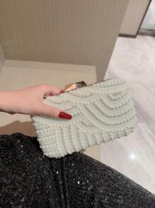 Moonlit EveBag 闪闪发光、亮片、奢华、闪亮迷你人造珍珠和水钻装饰盒包迷人的晚宴包、晚宴包，适合派对女孩、女士、新娘，非常适合派对、婚礼、舞会、晚宴/宴会、优雅珍珠手拿包、舞会包 - 米色 - 查看 6