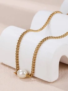 1件轻奢优雅风格保色不锈钢镀金仿珍珠单珠女士锁骨项链，适合约会装扮 - 金黃色 - 查看 2