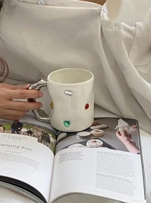 1 pieza Taza de cerámica con diseño único decorada con gemas, adecuada para regalar y parejas - Blanco - Ver 9