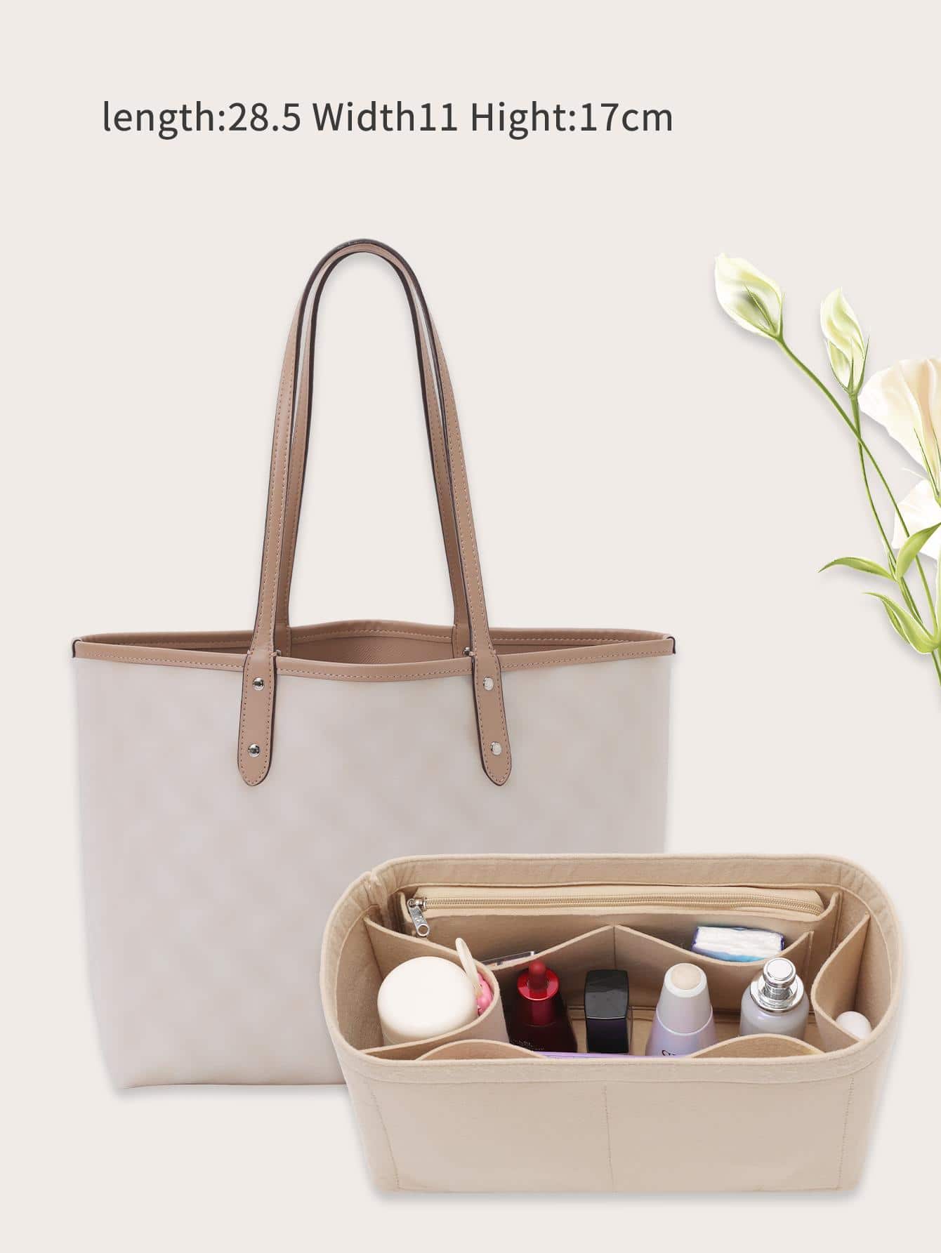 Felt Purse Organizer Insert For M.K. Tote Bag, Central City 33, With Zippers And Portable Handbag Shaper - Beige - View 1