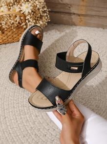 2023 Nuevas sandalias de mujer elásticas vintage de moda con tacones de cuña suaves y livianos y detalles de costura, sandalias de plataforma con tacón de cuña de suela moldeada en estilo romano