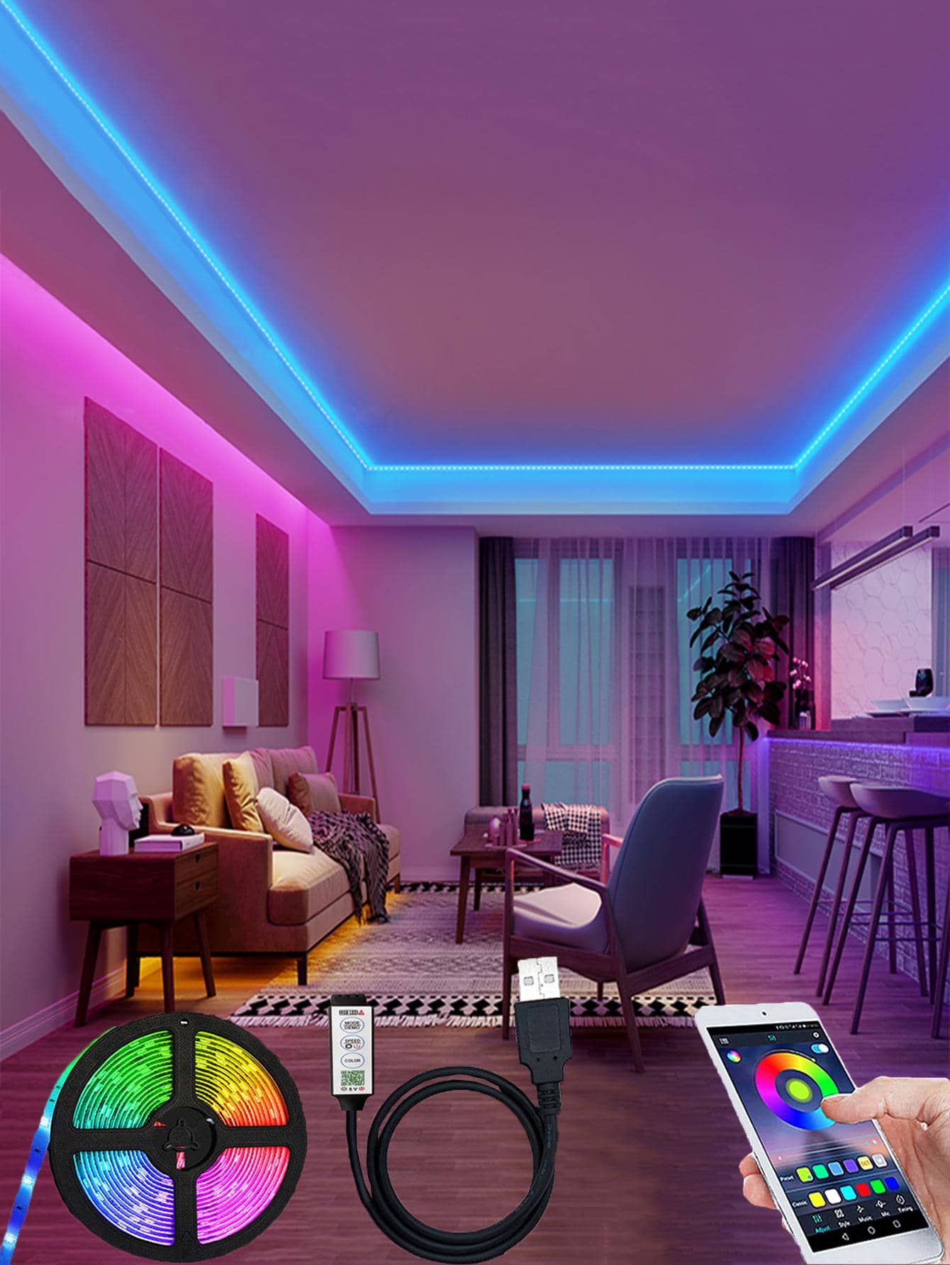 1pc App + 3 Key Control RGB Led Strip Light, Bedroom Decor Party Decoration Light Strip, Length 1m/2m/3m/5m & Quantity 30/60/90/150 Leds. - Multicolor - View 1