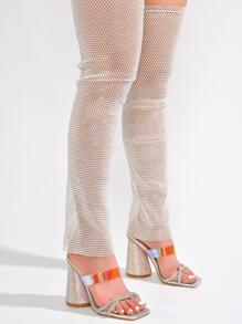 Women's  Rhinestone Thigh High Block Heels - Single Square Toe Clear, Mesh, Patent, Metallic/Holo Thigh High High Heel For Evening Wear - 白色 - 查看 4