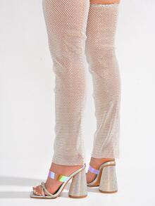 Women's  Rhinestone Thigh High Block Heels - Single Square Toe Clear, Mesh, Patent, Metallic/Holo Thigh High High Heel For Evening Wear - 白色 - 查看 6