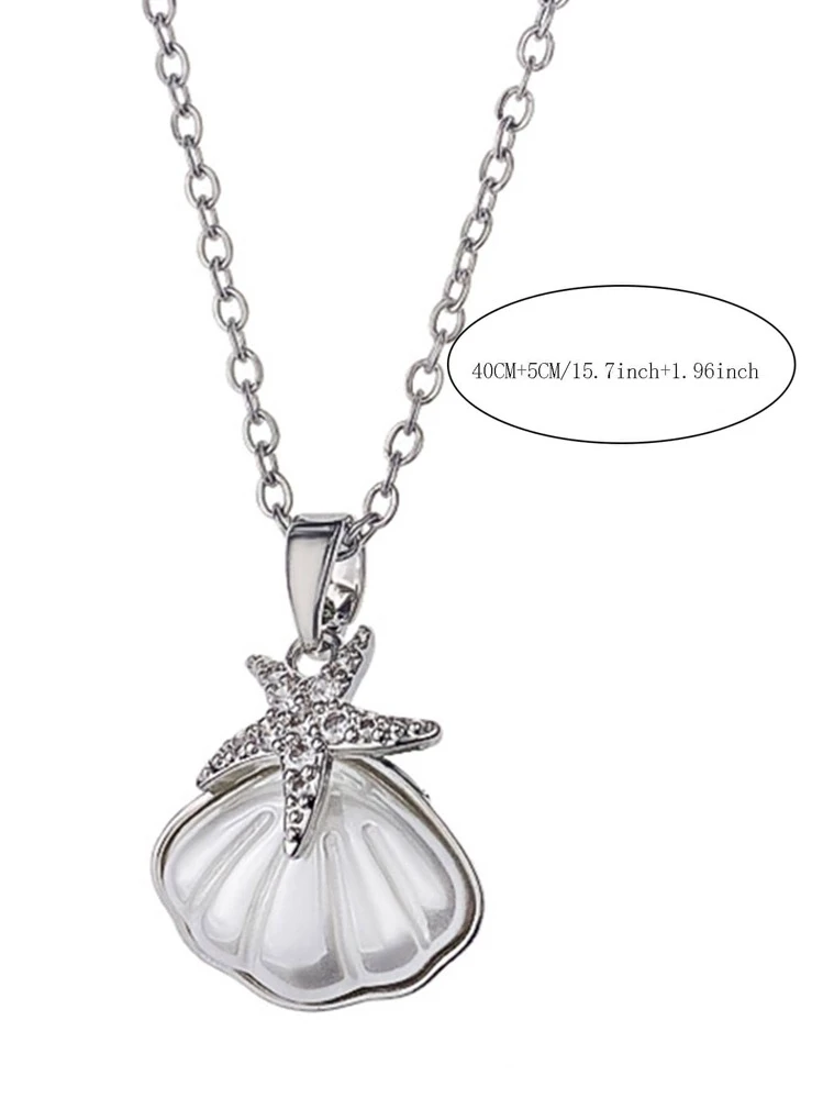 1pc Exquisite Cubic Zirconia Starfish & Shell Charm Necklace For Women For Gift - Silver - View 5