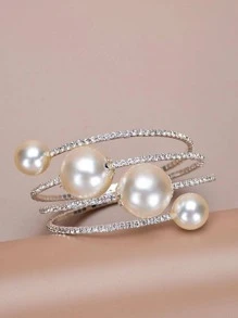 1件精美水钻和仿珍珠装饰手镯，女士日常装饰优雅情人节配饰 - 白色 - 查看 6