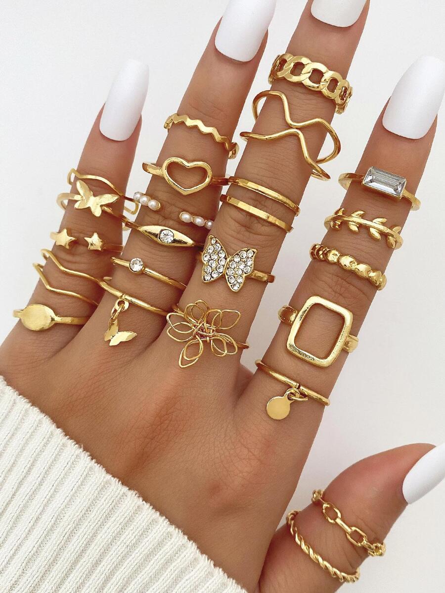 22入組/套水鑽蝴蝶和愛心裝飾戒指