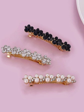 3 piezas Clips para el cabello con decoración de cristal y perla falsa, accesorio versátil y de moda, ideal para fiestas, accesorios para el cabello