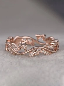 1入組精美鋅合金方晶鋯石樹葉裝飾戒指適合女士日常裝飾 - 玫瑰金 - 查看 1