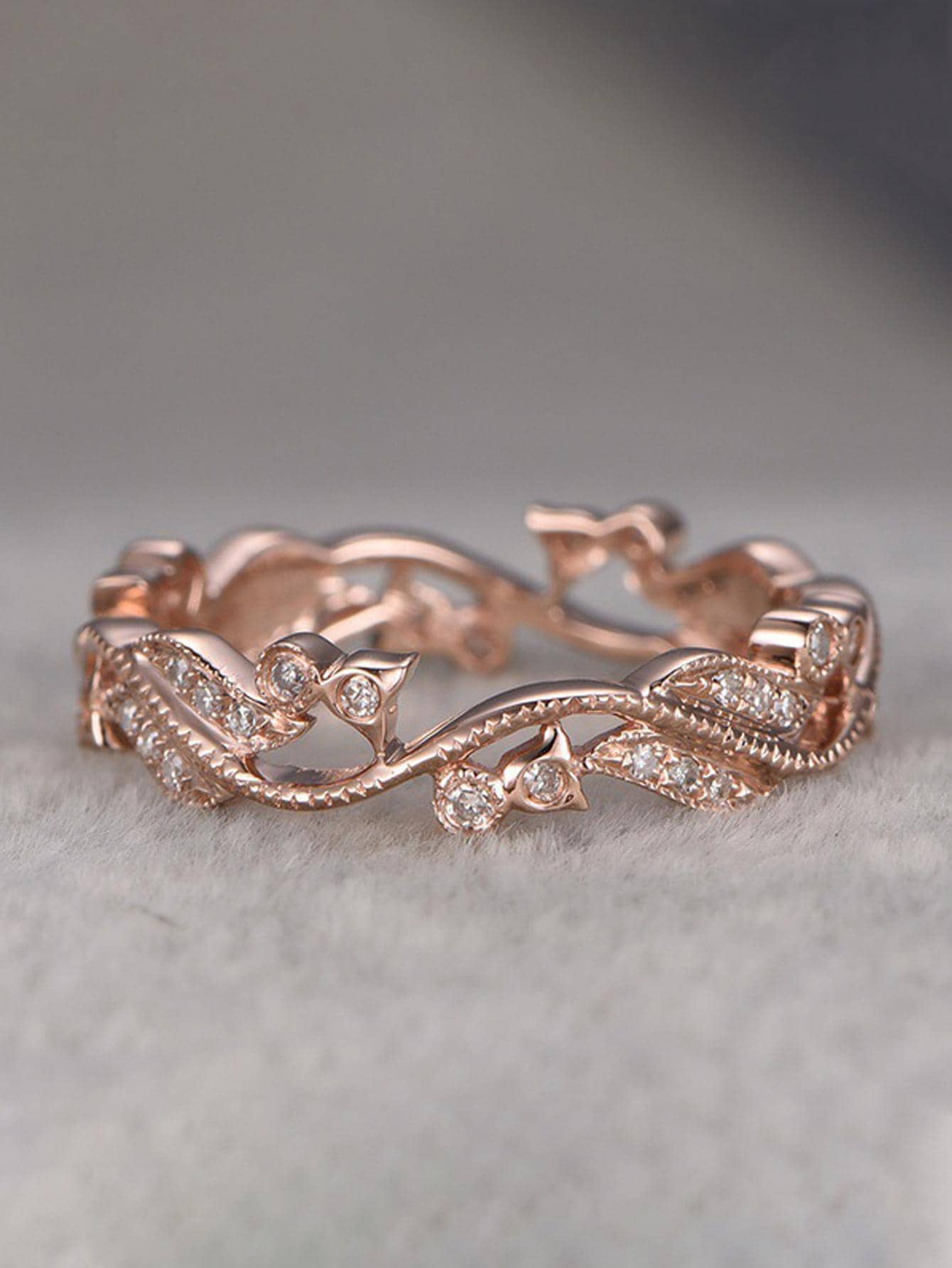 1入組精美鋅合金方晶鋯石樹葉裝飾戒指適合女士日常裝飾 - 玫瑰金 - 查看 1