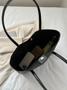 Túi tote đeo vai dập nổi cá sấu PU đen tối giản - màu đen - Xem 7