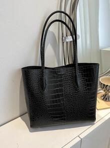 Túi tote đeo vai dập nổi cá sấu PU đen tối giản - màu đen - Xem 8