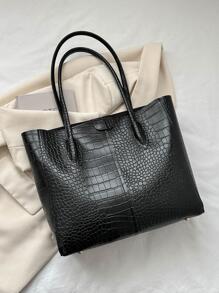 Túi tote đeo vai dập nổi cá sấu PU đen tối giản - màu đen - Xem 4