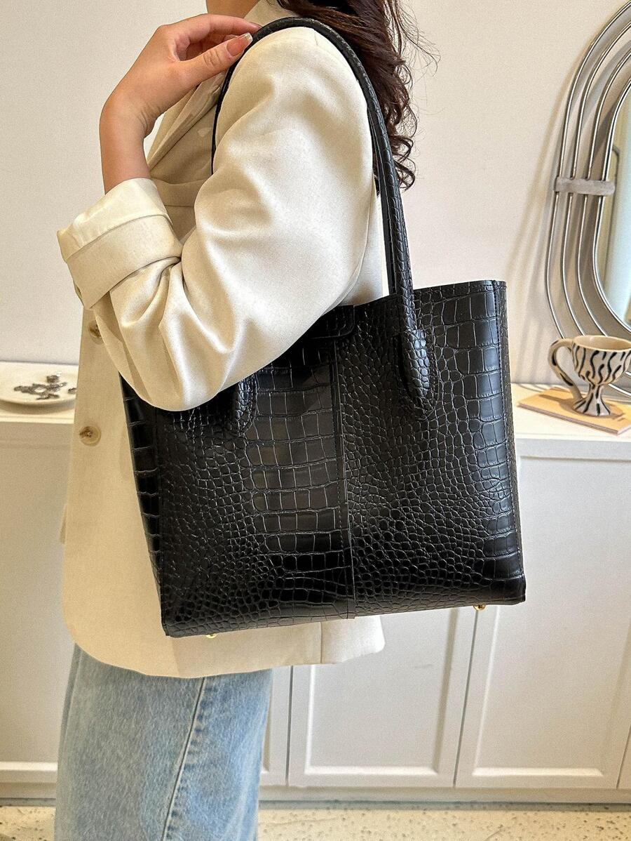 Túi tote đeo vai dập nổi cá sấu PU đen tối giản - màu đen - Xem 1