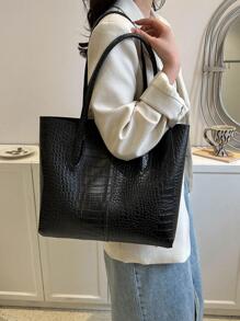 Túi tote đeo vai dập nổi cá sấu PU đen tối giản - màu đen - Xem 2