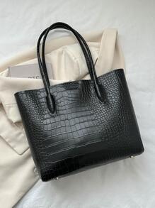 Túi tote đeo vai dập nổi cá sấu PU đen tối giản - màu đen - Xem 6