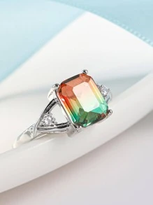 方晶鋯石裝飾戒指 - 綠色 - 查看 2