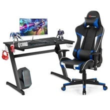 Goplus Z-Shaped Racing Style Desk &  Massage Gaming Chair Set for Home Office - Blue - View 1