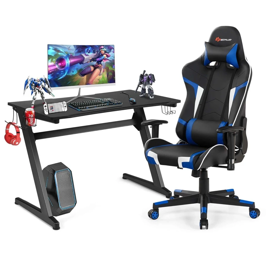 Goplus Z-Shaped Racing Style Desk & Massage Gaming Chair Set for Home Office - Blue - View 1