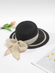 Mũ rơm trang trí ruy băng tương phản thời trang nữ - màu đen - Xem 2