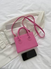 Neon Pink Square Bag Double Handle Funky PU - Hot Pink - View 3