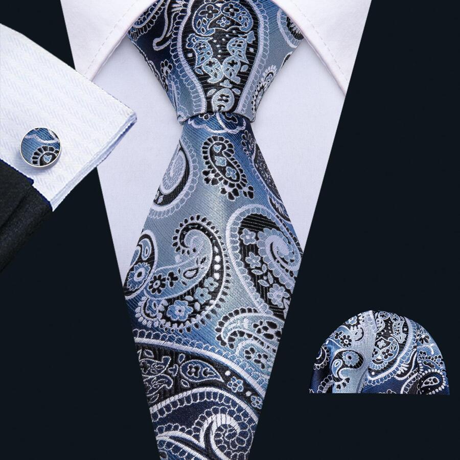 1 bộ Cà Vạt Họa Tiết Paisley Nam - Xanh và trắng - Xem 1