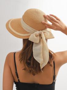 Women's Solid Color Bow Ribbon Decor Sun Hat - Khaki - View 1