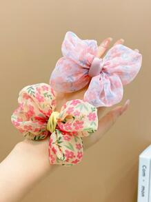 2入組女孩花朵圖案蝴蝶結裝飾可愛髮圈適用於日常生活 - 彩色 - 查看 1