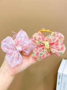 2入組女孩花朵圖案蝴蝶結裝飾可愛髮圈適用於日常生活 - 彩色 - 查看 3