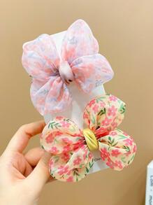 2入組女孩花朵圖案蝴蝶結裝飾可愛髮圈適用於日常生活 - 彩色 - 查看 4