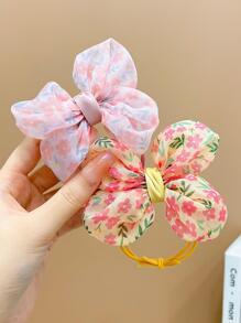 2入組女孩花朵圖案蝴蝶結裝飾可愛髮圈適用於日常生活 - 彩色 - 查看 2