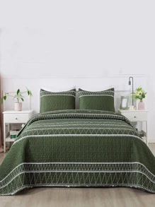 Geometric Pattern Quilted Bedspread Set - Dark Green - View 1