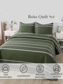 Geometric Pattern Quilted Bedspread Set - Dark Green - View 2