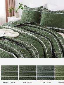 Geometric Pattern Quilted Bedspread Set - Dark Green - View 5