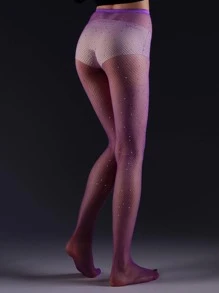 Rhinestone Decor Fishnet Tights - Purple - View 1