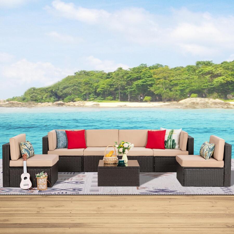 Vongrasig 7 Pieces Outdoor Patio Furniture Sets, Outdoor Sectional Rattan Sofa, PE Manual Weaving Wicker Patio Conversation Set With Cushion, Glass Table - Beige - View 1