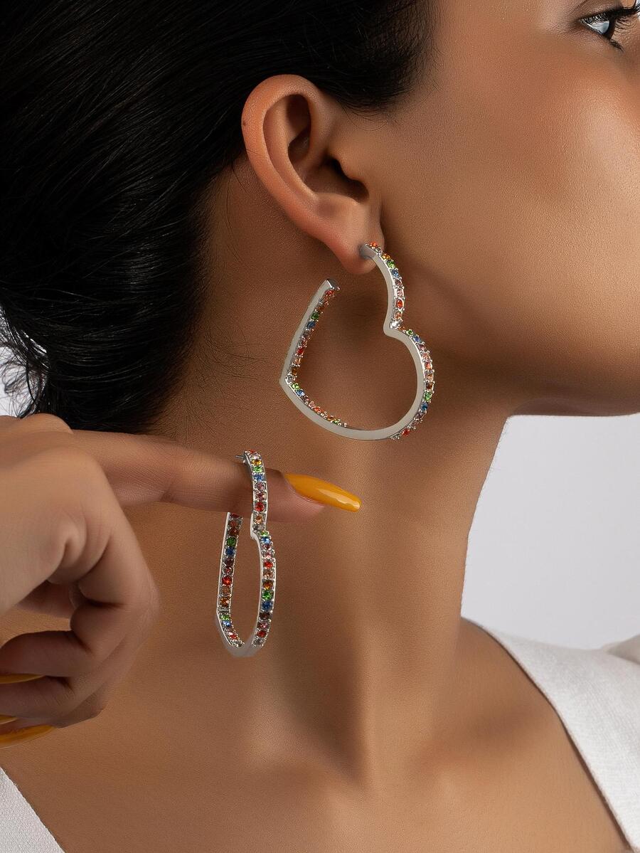 2 chiếc khuyên tai hình trái tim bằng đá rhinestone - Bạc - Xem 1