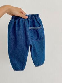 Bebé Jeans zanahoria unicolor de cintura elástica - Azul lavado oscuro - Ver 10