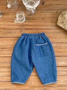 Bebé Jeans zanahoria unicolor de cintura elástica - Azul lavado oscuro - Ver 8