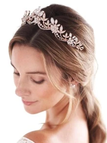 1pc Women Rhinestone Decor Crown Design Glamorous Bridal Headband For Wedding Royal Tiaras Valentine's Day Accessories - Gold - View 7