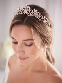 1pc Women Rhinestone Decor Crown Design Glamorous Bridal Headband For Wedding Royal Tiaras Valentine's Day Accessories - Gold - View 2