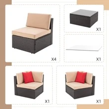 Vongrasig 7 Pieces Outdoor Patio Furniture Sets, Outdoor Sectional Rattan Sofa, PE Manual Weaving Wicker Patio Conversation Set With Cushion, Glass Table - Beige - View 5