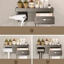 1pc Aluminum Alloy Bathroom Storage Rack, Modern Punch-free Shelving Storage Unit For Bathroom - Light Grey - View 2